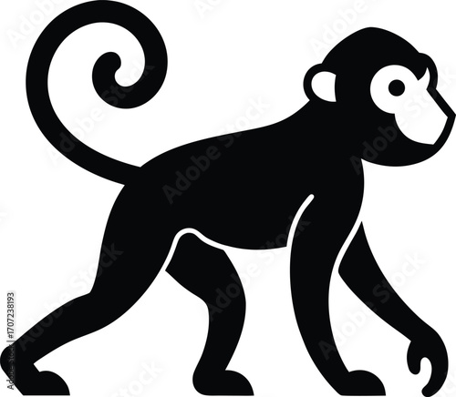 Vector art of black silhouette of a monkey with a curled tail, isolated on a, representing a primate animal