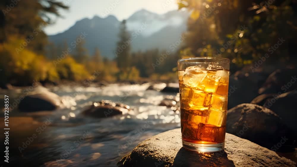 Refreshing iced tea glass glowing in sunlight, mountain river adding peace and relaxation