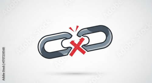 Illustrates a broken chain link with a red 'X', symbolizing a connection error or failure. Useful for website maintenance, network problems, or communication breakdown concepts. Modern design.