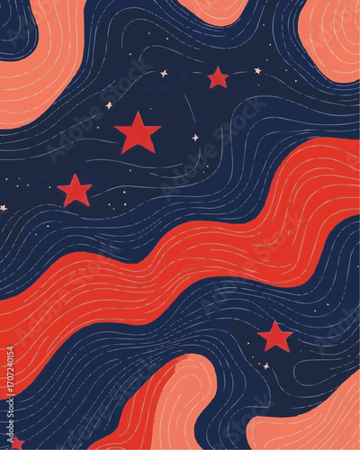 Vector abstract poster with bold red and blue waves and decorative stars, minimal composition for corporate celebrations, event branding, sport tournaments and professional seasonal campaigns