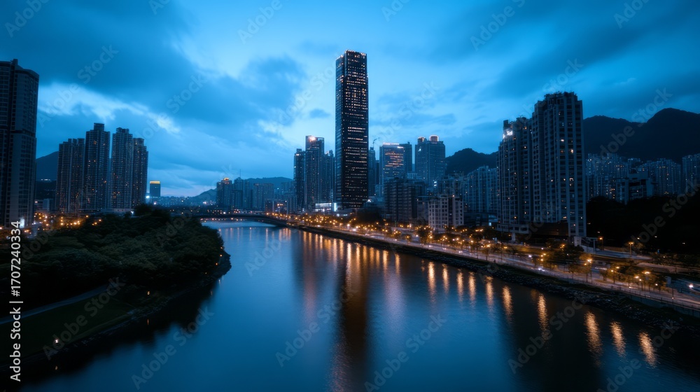 Naklejka premium Serene Urban Landscape at Dusk With Reflections in Water and City Lights Glimmering in Blue Hue