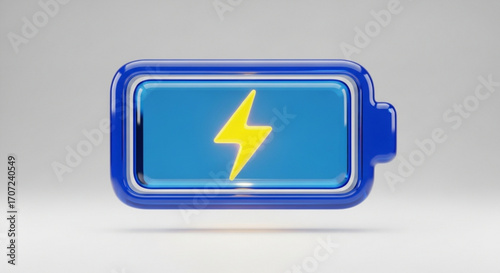 Vibrant blue battery icon with glowing yellow lightning bolt symbolizes power energy charge and technological innovation for modern concepts.