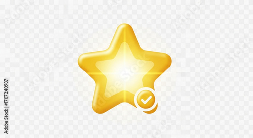 Shiny golden star icon with a subtle checkmark signifying excellence, achievement, and top quality for awards or ratings, radiating success and recognition