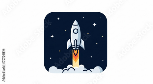Dynamic white rocket blasting off into starry night sky with vibrant fiery exhaust and swirling clouds, symbolizing innovation and bold new beginnings for technology startups and exploration projects.