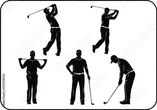 A set of male golf players silhouettes in black vector silhouettes