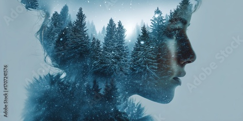 Frozen dreams envelop a silhouette amidst a serene winter forest landscape