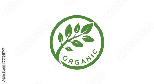 Green organic logo featuring a stylized plant branch within a circular frame.