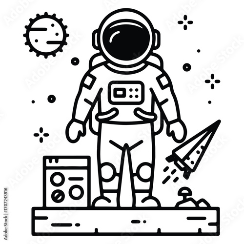 Astronaut standing on lunar surface with launched paper rocket minimalistic black and white vector illustration