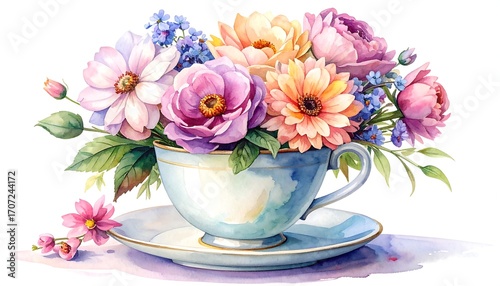 Pastel floral bouquet in teacup