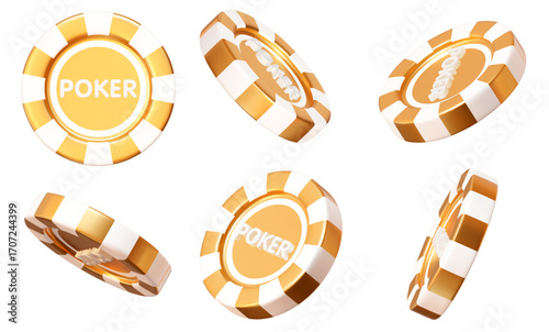 3d golden casino poker chips. Gold and white chips for betting and gambling games. Stock vector illustration on isolated background.	
