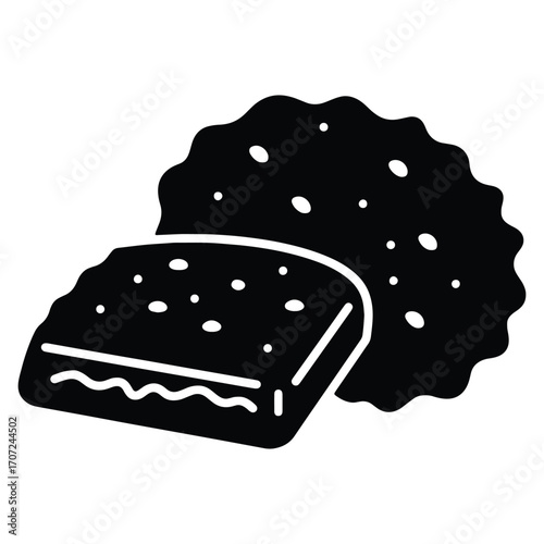 Black and white graphics of a sponge cake and a fluffy cake illustration for confectionery and baking design projects