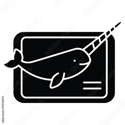 Black and White Narwhal Illustration with Single Horn in Box Frame with Two Small Lines Beneath Symbolizing Water