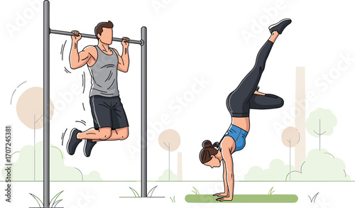 Outdoor fitness workout man doing pull ups, woman handstand exercise, strength training, healthy lifestyle, gym workout, active people exercising together