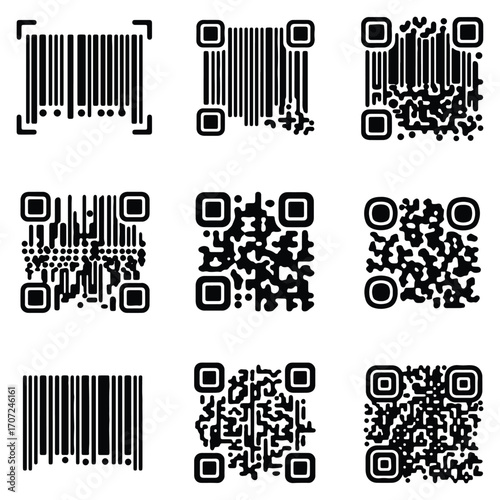 Collection of different QR codes and barcodes in black and white representing information storage and data transfer methods for modern technology