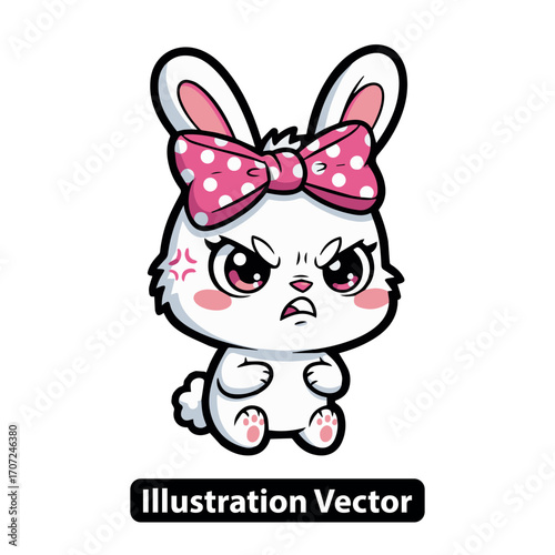 Angry Rabbit Illustration with Polka Dot Bow for Kids and Cute Designs