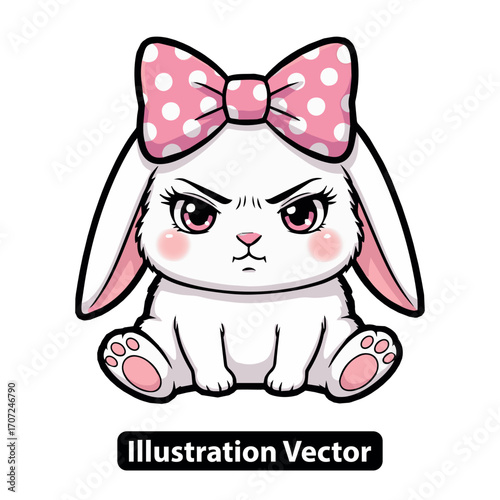 Cute but angry white bunny rabbit with a pink polka dot bow, an adorable grumpy cartoon character