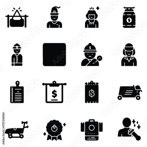 Diverse collection of sixteen minimalist black and white vector icons representing various concepts and professions