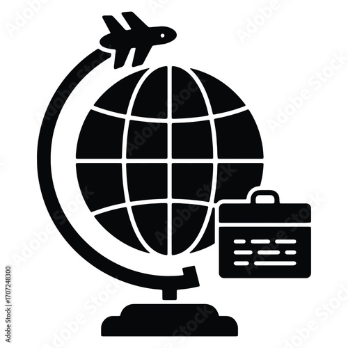 Global Business Travel Icon with Airplane Globe and Suitcase Represents International Commerce and Tourism Concept