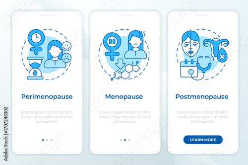 Stages of menopause blue onboarding mobile app screen. Women health. Walkthrough 3 steps editable graphic instructions with linear concepts. UI, UX, GUI. Montserrat SemiBold, Regular fonts used