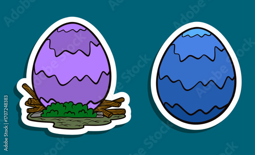Cute Dinosaur Egg Stickers Purple Waves and Blue Cracks