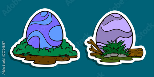 Cute Dinosaur Egg Stickers Lavender Nest and Periwinkle Swirl