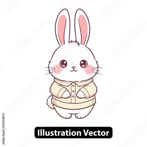Cute Kawaii White Bunny Rabbit Character Wearing a Beige Shirt with Pink Cheeks and Big Ears