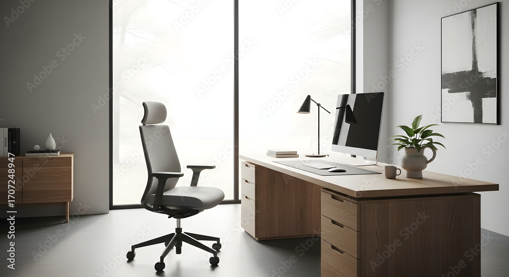 Fototapeta premium Office interior with ergonomic chair and wooden desk near window.