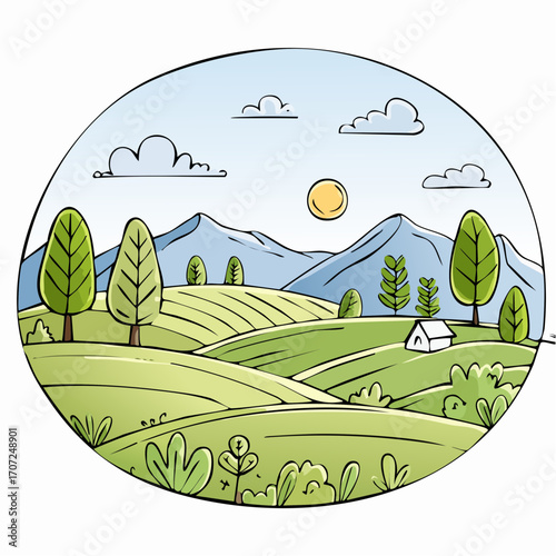 abstract spring landscape with green hills and fog, vector illustration