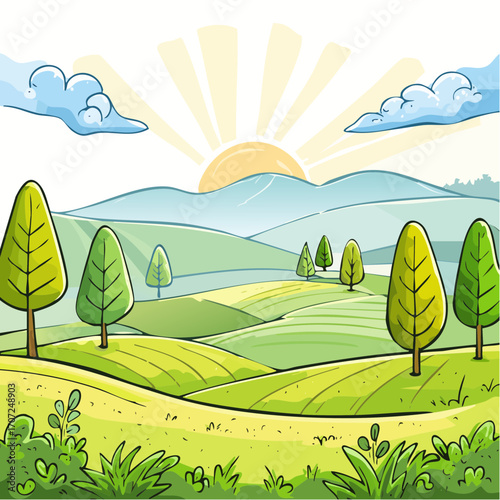 abstract spring landscape with green hills and fog, vector illustration