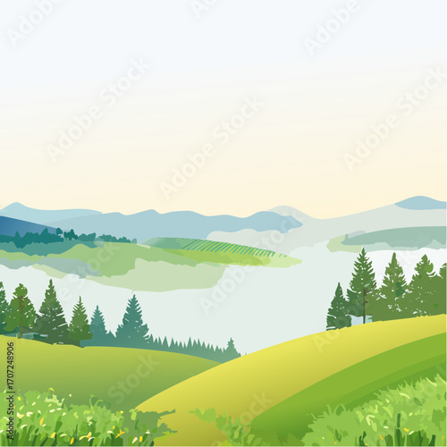 abstract spring landscape with green hills and fog, vector illustration