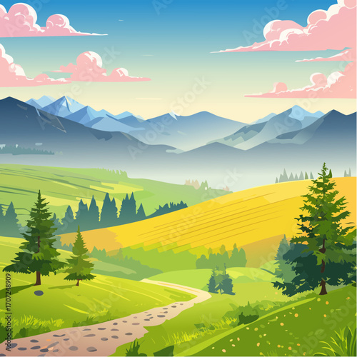 abstract spring landscape with green hills and fog, vector illustration