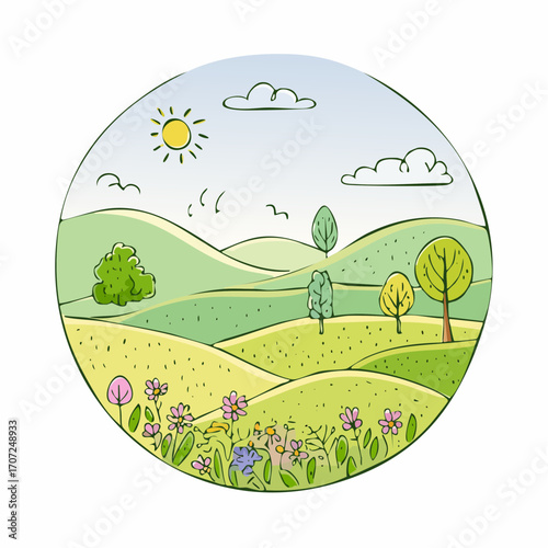 abstract spring landscape with green hills and fog, vector illustration