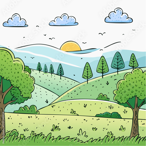 abstract spring landscape with green hills and fog, vector illustration