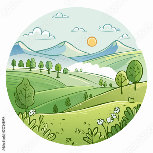 abstract spring landscape with green hills and fog, vector illustration