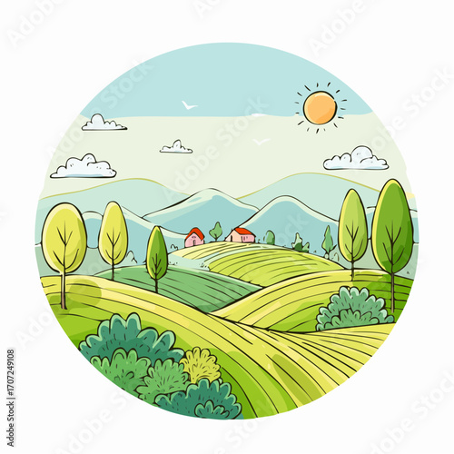 abstract spring landscape with green hills and fog, vector illustration