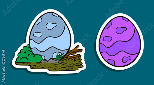 Cute Dinosaur Egg Stickers Pale Blue Cracked and Purple Waves