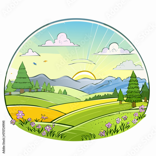 abstract spring landscape with green hills and fog, vector illustration