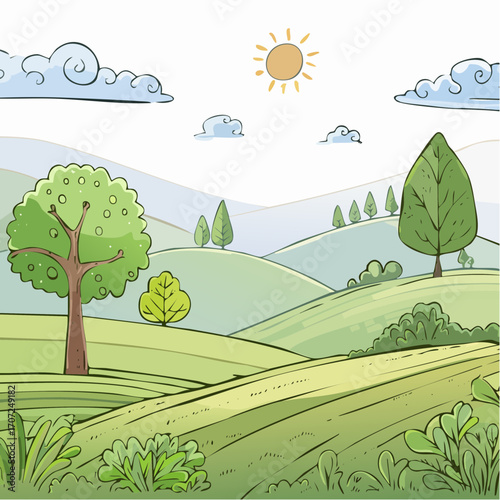 abstract spring landscape with green hills and fog, vector illustration