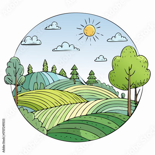 abstract spring landscape with green hills and fog, vector illustration