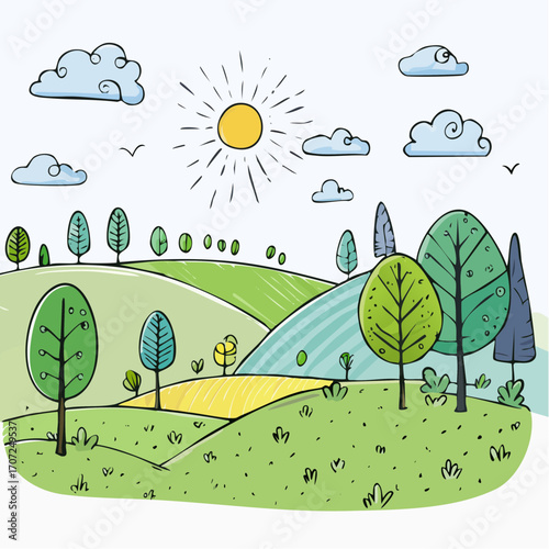 abstract spring landscape with green hills and fog, vector illustration