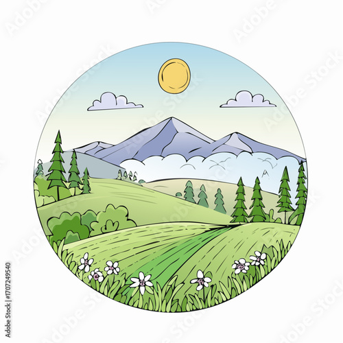 abstract spring landscape with green hills and fog, vector illustration