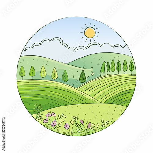abstract spring landscape with green hills and fog, vector illustration
