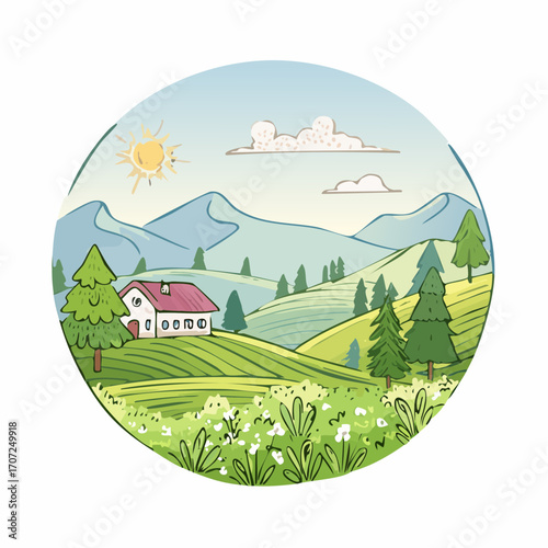 abstract spring landscape with green hills and fog, vector illustration
