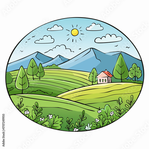 abstract spring landscape with green hills and fog, vector illustration