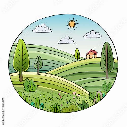 abstract spring landscape with green hills and fog, vector illustration