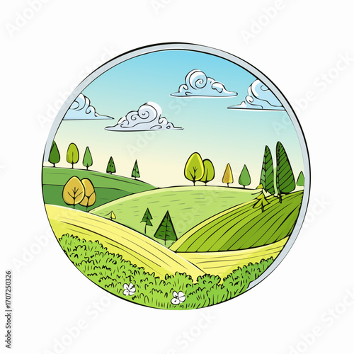 abstract spring landscape with green hills and fog, vector illustration
