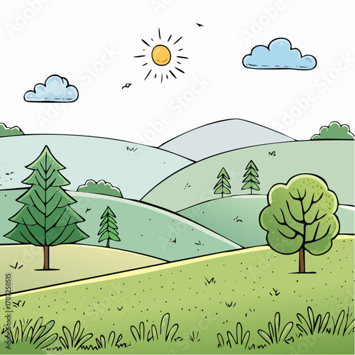 abstract spring landscape with green hills and fog, vector illustration