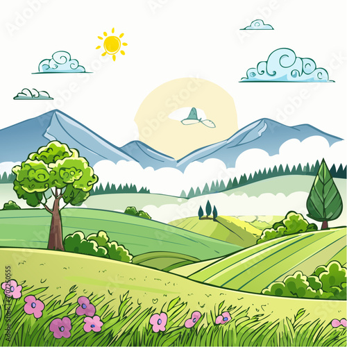 abstract spring landscape with green hills and fog, vector illustration