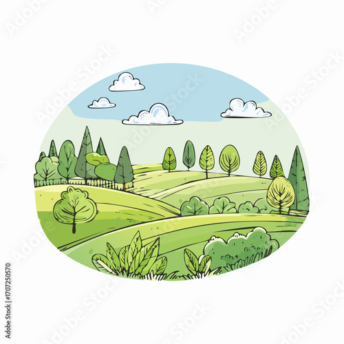 abstract spring landscape with green hills and fog, vector illustration