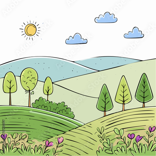 abstract spring landscape with green hills and fog, vector illustration